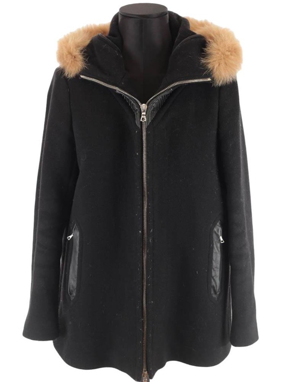 SANDRO PARIS Black Wool Parks with genuine fur trim hood size 40/ 8 US